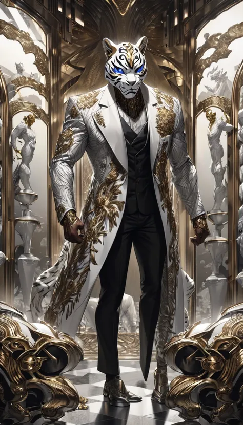 RPG, realistic tall man, a white tiger mask covering his face, metal mask, tall figure with white tiger mask, he is wearing modern formal clothing, but with intricate embellishments, the mask has golden intricate embellishment designs, angry expression, ho...