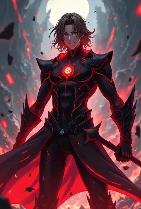  Masterpiece,  Best Quality ,  ultra detailed,  anime-style 2D illustration .  Kael in his Boundless Assault Mode ,  standing in an apocalyptic landscape .  He has semi-long brown hair and completely black eyes that emit a faint reddish glow,  showing the ...