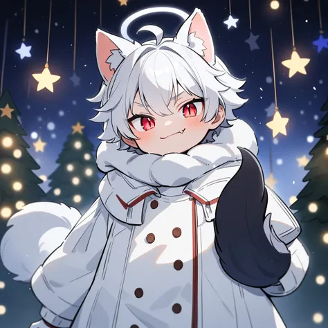 （masterpiece：1.2，high quality），8k，High resolution，A seven-year-old boy，cute boy，white hair，short hair，light red eyes，slit pupils， ahoge，cat ears，evil smile，Fang Out，halo，It has black wings on the back，Wear a white cotton coat， white coat，scarf，Dark blue sh...