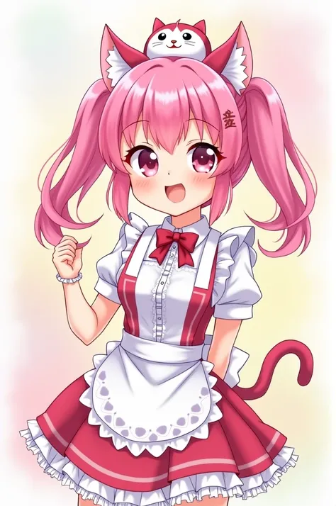 A cute female anime character with pink hair and a cat-shaped belt on her head, wearing a maid outfit. 