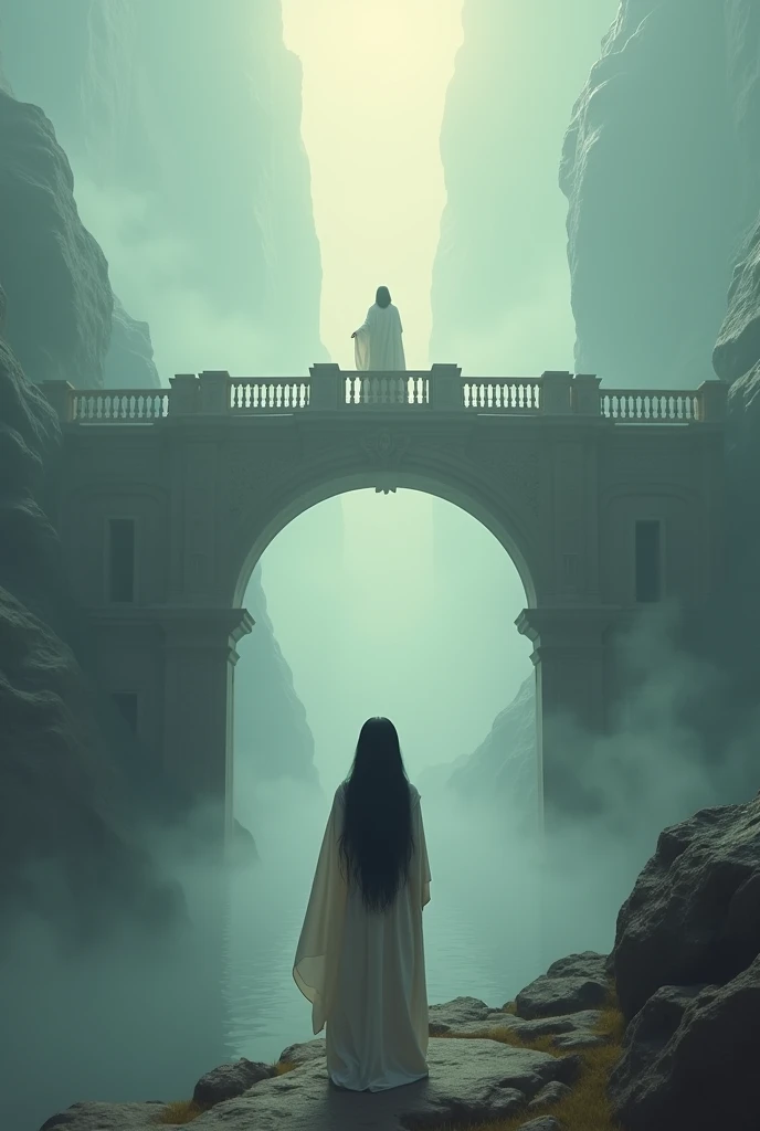 Create an image of a bridge and Jesus in the middle of it and a woman with long black hair at the beginning of the bridge 