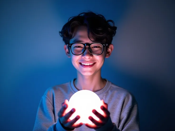 4k image ,  high quality, AI Content & Image Generator SaaS.  The image should contain the following elements :young man:  He wears a gray sweatshirt and glasses ,  smiling warmly , holding a glowing orb,  containing the AI .  The young man will be in the ...