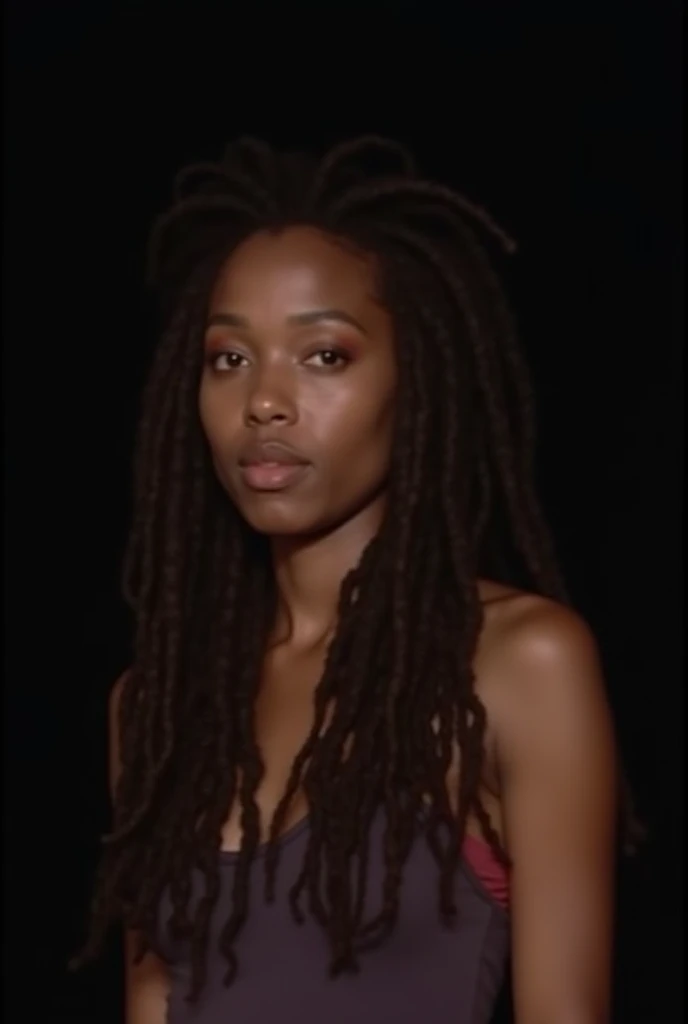 a photo of a woman with dreadlocks is shown on a black background, color film still 1 9 7 7, color film still, Photo of a music video , screen capture vhs,  still from a Terence Malick movie,  screenshot of the movie ,  rotoscopy , video still,  Screenshot...