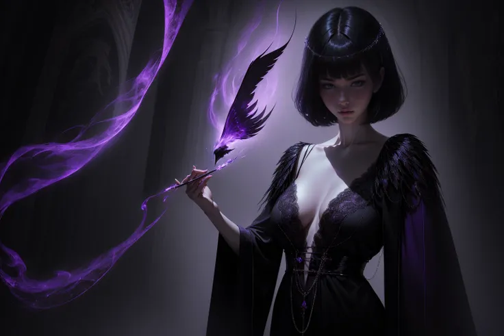 she has short hair, flowing raven-black hair (bangs) and pale, almost ethereal skin. Her eyes are a deep violet, giving her an otherworldly appearance. She dresses in flowing robes of dark purple and black, often adorned with symbols of the occult.