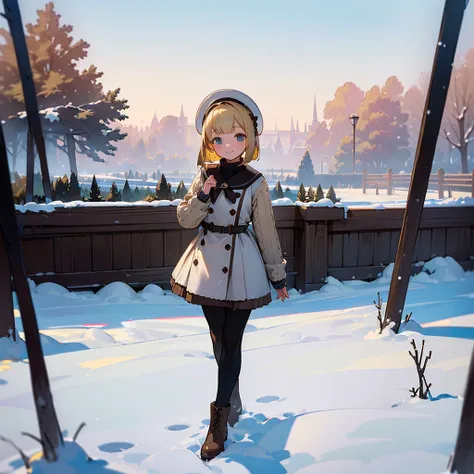 ( High Quality ,  high definition , Very detailed, reality:1.37), Peaceful atmosphere, (Outdoor, garden ,snow),  teenage girl standing alone, Beautiful details,  cute smile, (Blonde Bob ), Ribbed sweater,Brown skirt, Black tights,  brown boots .