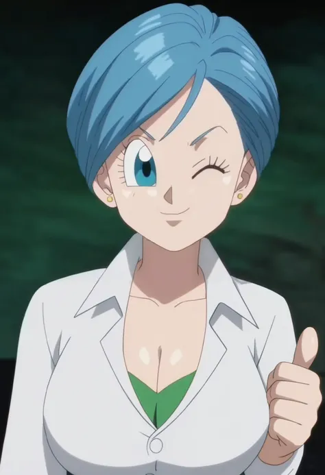 source_anime, score_9, score_8_up, score_7_up, anime screencap,8k, absurd res,
bulma, 1girl, solo, looking at viewer, smile, short hair, blue eyes, jewelry, closed mouth, blue hair, collarbone, green shirt, upper body, big breasts, cleavage, huge breasts,...