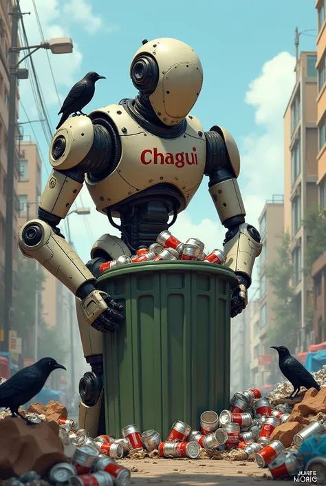 A robot with the name Chagui on its chest picking up aluminum cans in the garbage can where there are black birds in the day with the sun and a lot of accumulated garbage