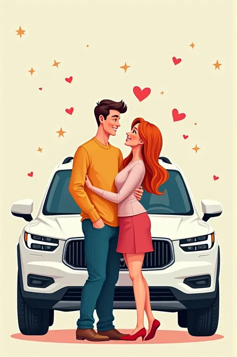 Create a comic cartoon of a guy cuddling with a woman in front of a white SUV car