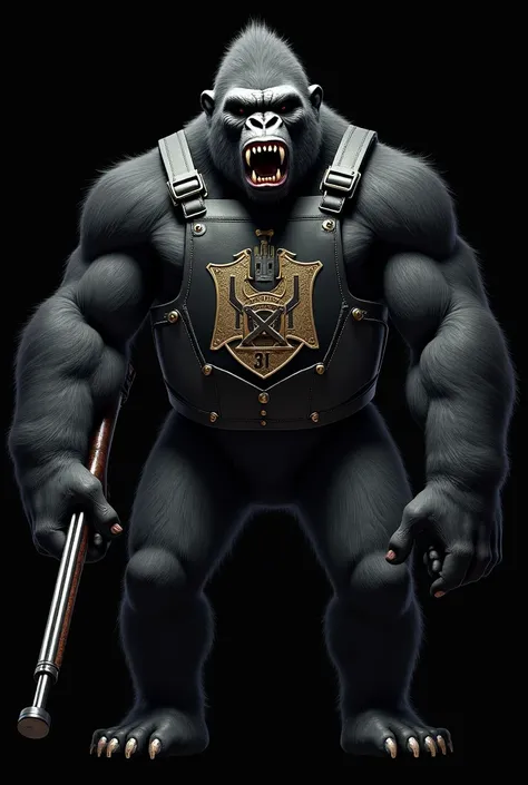  A drawing of an angry black gorilla holding a rifle in one hand and wearing a bulletproof vest with the inscription T-31 inside a coat of arms with a black background