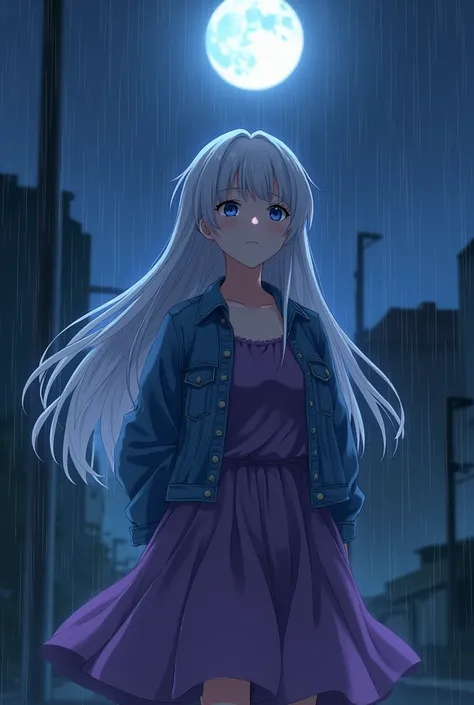  in anime style.  An adult-looking woman with long white hair,  wore a denim jacket with a purple dress. She had dark blue eyes and was looking up .

Night and rain scenario . with a moon.