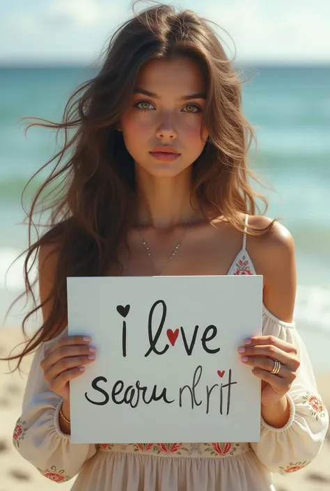  Beautiful girl with long wavy hair, bohemian dress,  holding a white board with the text " I Love Seaart Infinity "  and showing it to the spectator
