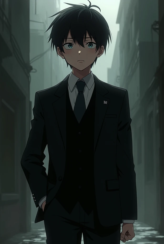 Make me a grim ,  type anime a boy with short hair and in a black suit 