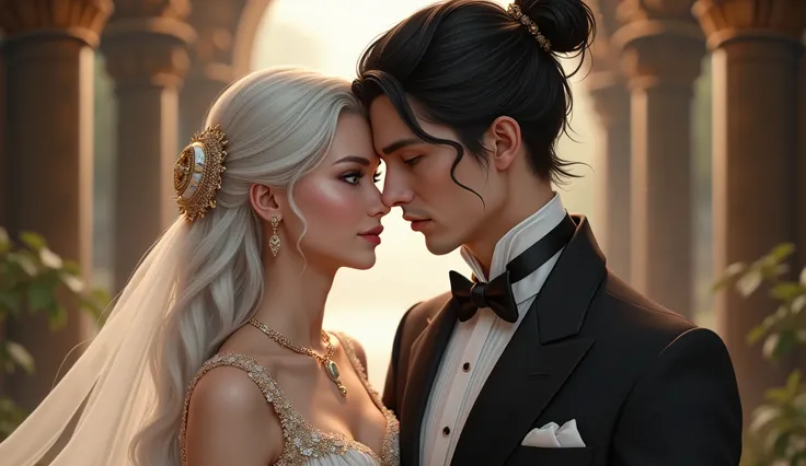 a couple, the pretty woman with white long hair and black eyes, wearing dress like nobles heires style. and the handsome man with black manbun hair cut and white eyes, wearing suits like nobles heires style.