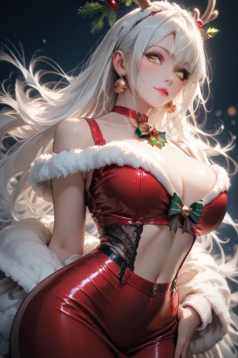 The model wears a Christmas costume huge tits huge ass very laciva white hair yellow eyes