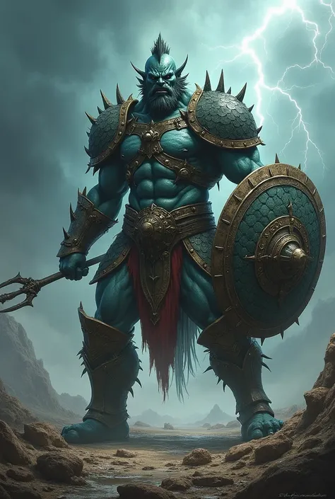  Create an image of a muscular and very furious mythological being that represents the sign of Pisces
.  He must be wearing rustic and detailed armor , with a helmet with scales ,  symbolizing the strength and determination of the sign .  The warrior must ...