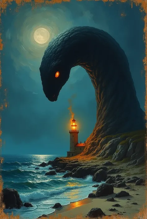 The cover of an old book . Depicts a shining lighthouse on the shore with a burning medieval fire on land, dark. Night, (view from the sea ) which  (((in the sea, you can see the neck of a huge colossal creature above the lighthouse with black eyes and an ...