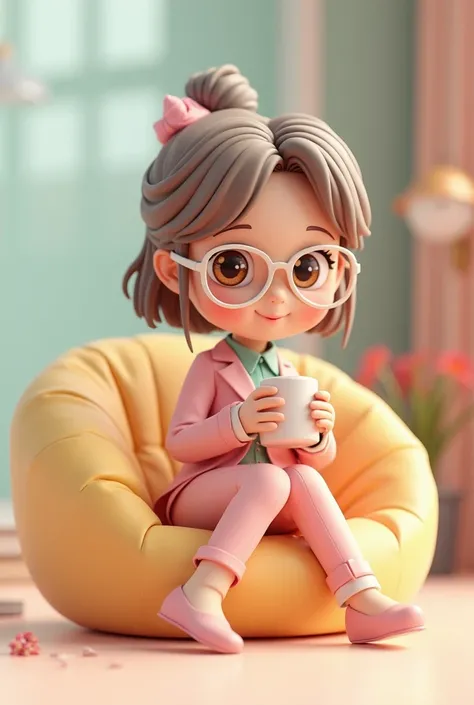 render a cute 3d anime female office girl wearing a pink corporate attire and she is sitting on a beautiful nametag MELDY, she is holding a cup of coffee and she is wearing an eyeglass