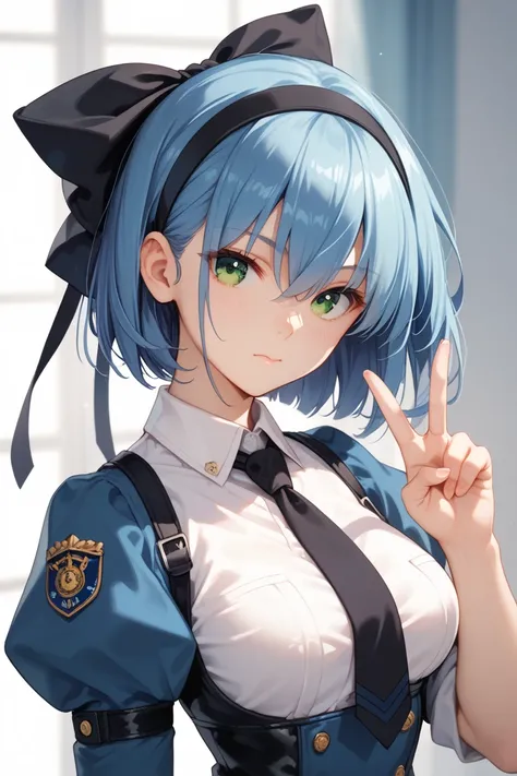 futurepolice,1girl,bangs,black bow,black hairband,black ribbon,blue hair,bow,closed mouth,eyebrows visible through hair,green eyes,hair between eyes,hair bow,hair ribbon,hairband,konpaku youmu,looking at viewer,medium breasts,necktie,puffy sleeves,ribbon,s...