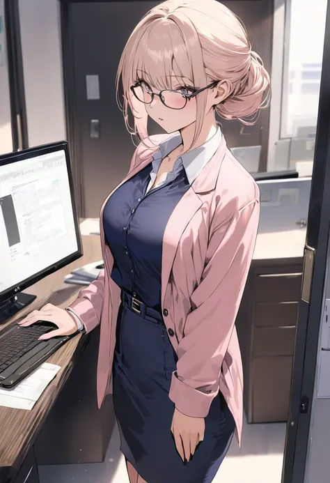 (( top quality)), (( Masterpiece )), ( Details), ( 1 Anime Girl ),  sexy,   9 ０CM OL ,  young woman,  OL with glasses , ((( woman standing in office ))) , ( A woman in casual office lady fashion), 