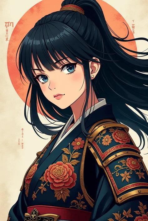 Anime style, woman, samurai, black hair, hime cut, serious face, Japanese armor, embroidery style image