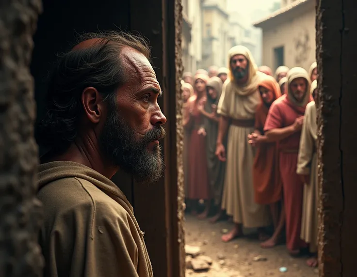 A man hiding in fear ,  with advanced leprosy looking at Jesus from afar surrounded by many sick people