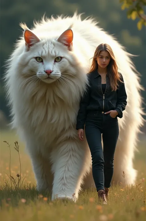 A woman dressed in black casual and walking alongside a very giant angora ynk cat walking brsam