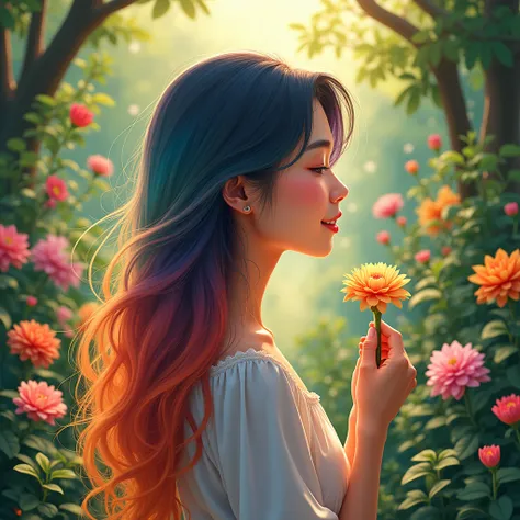  A beautiful young 20-year-old Thai girl with long hair who has a gradient of colors,  standing in a garden full of various flowers and plants . holding a flower, Cheerful widow ,facing the other direction ,Bright setting, provides a cheerful and vibrant a...