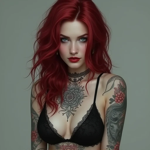 White skin woman with dark cherry red hair, blue eyes and tattoos wearing black lingerie