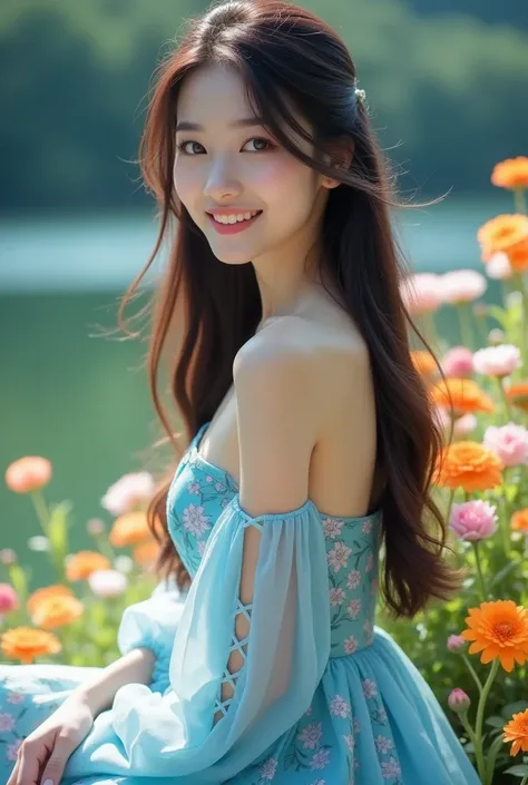 Cinematic realistic photo of a beautiful Korean woman with long straight brunette wearing a long dress floral print lace up cute sleeves fresh blue color smiling young woman staring at the camera against the background of a beautiful lake decorated with co...