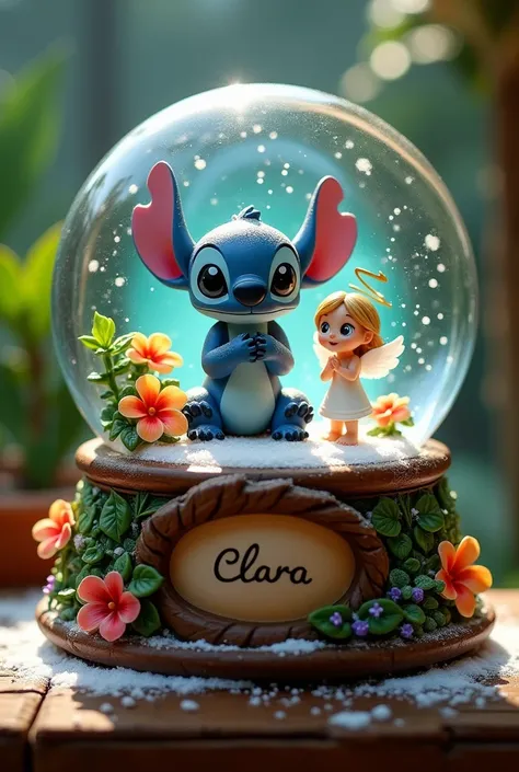  Snow Globe with Stitch and Angel inside. Un décor hawaïen est dans la boule. Sur le socle,  CLARA writes 