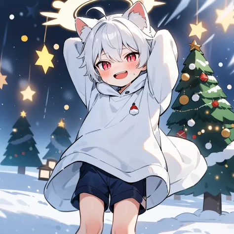 （masterpiece：1.2，high quality），8k，High resolution，A seven-year-old boy，cute boy，white hair，short hair，light red eyes，slit pupils， ahoge，cat ears，laughing， skin catch，halo，Wearing a white hoodie，Dark blue shorts，Christmas ，Christmas tree，Gift，primary school...