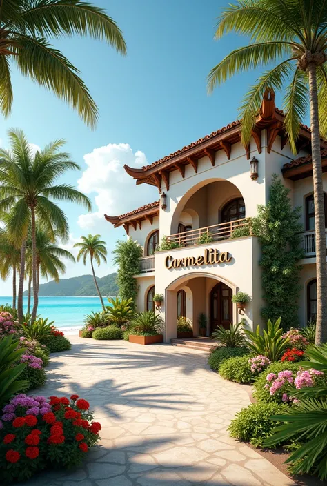 Generate an image of a resort beach hotel with a brand name Carmelita Resort Beach Hotel & Restaurant close up view