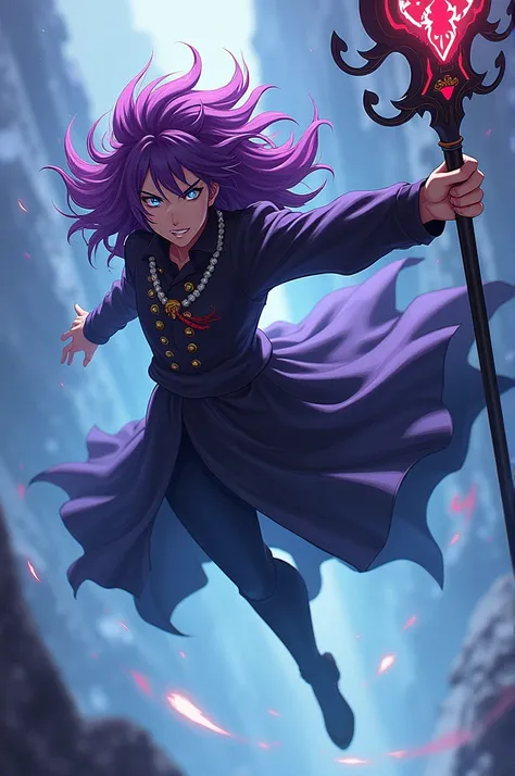  create an image

*details*

1. *Style*: anime man.
2. *Hair*: purple with red.
3. *eyes*: blues,  evil expression .
4. *clothing*: Normal, using a special staff.
5. *position*: flying.
6. *Bottom*:  Simple or transparent .