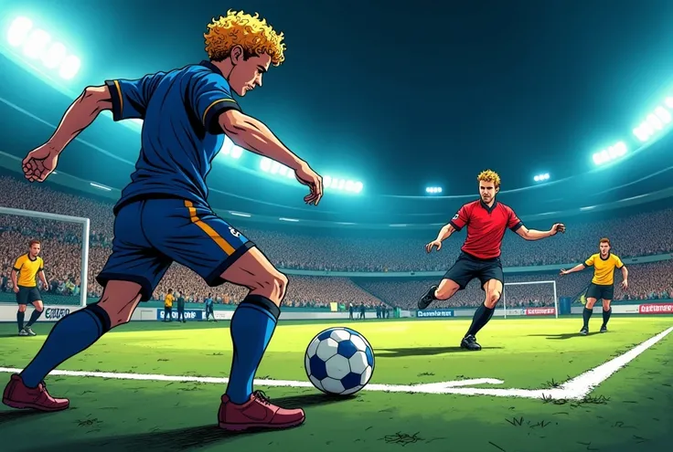 a drawing,  comic style of a  ((Night match )) , You can see ((( a close-up of a soccer boot of a 30-year-old player,  in blue uniform ,  with curly blond hair hitting a ball from the penalty spot)))  ((( the player is alone on the court )))  ((There are n...