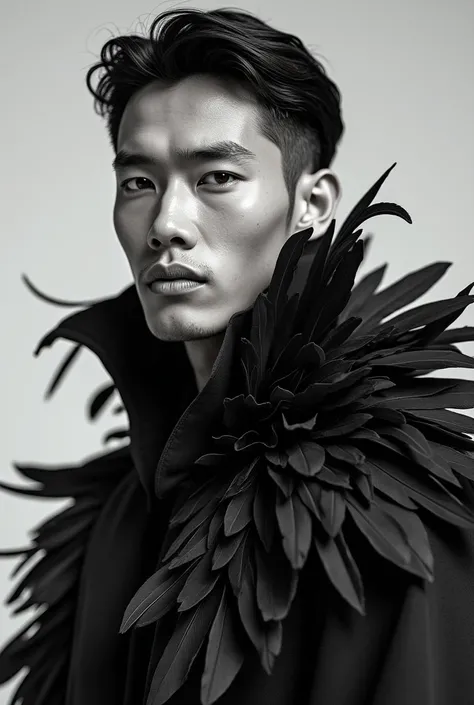 Handsome Indonesian man wearing a jacket made of chicken feathers, black and white 