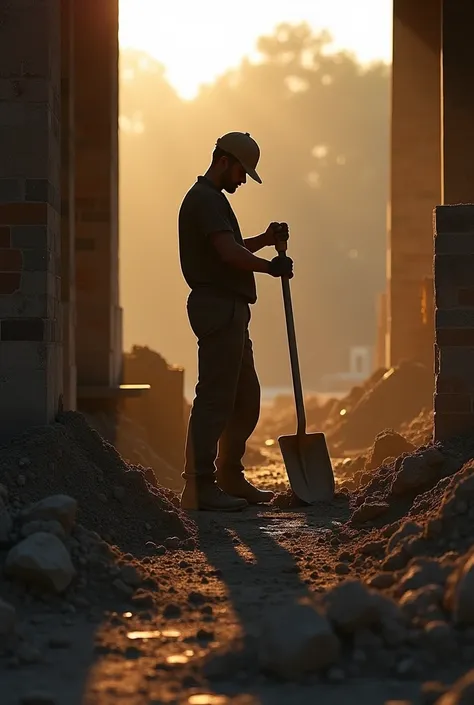 A bricklayer with lumps of cement in the afternoon but a photo like this taken from a cell phone that only has the elements mentioned above and also the shovel I want you to see the silhouette of the masons shadow 