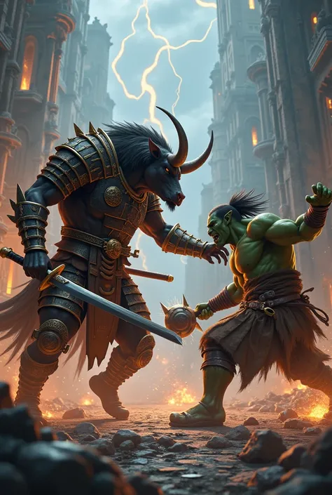 Inglés

Recreate a fight between a samurai minotaur and a Warcraft-style Orc with a post-apocalyptic war background in a world of warcraft-type magical city