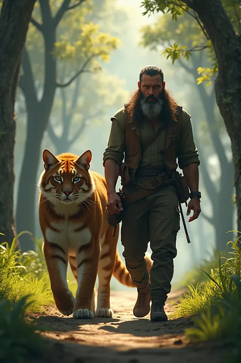 A man walks with a big cat walking along