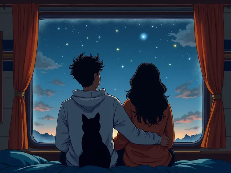  create the image of a couple with their backs seated facing a window, inside a trailer admiring the starry night ,  both looking forward ,  so that you can see the silhouette of your faces ,  where The only notable features are the girls brown skin , Paço...