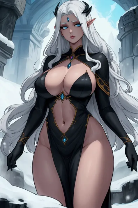 A voluptuous and imposing woman, standing 2.64 meters tall, with a bearing that combines the elegance of the high elves with the raw strength inherent to the orcs. Her skin is a pearly grayish hue, as if bathed in moonlight, creating an ethereal contrast w...