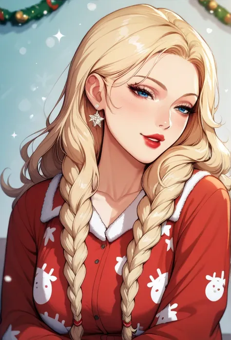    attractive and sensual milf mom      ,   Slim body coats , detailed lip rings  ,   medium-long wavy blonde hair,  blue eyes ,  Some braids in her hair   , Flirty face, neck ,    intense red lipstick 
Christmas printed pajamas clothing 