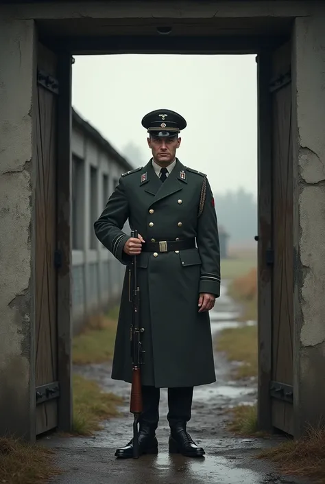 Nazi German soldier guard a army camp in Germany standing a the door of a camp wearing long nazi coat holding rifle 