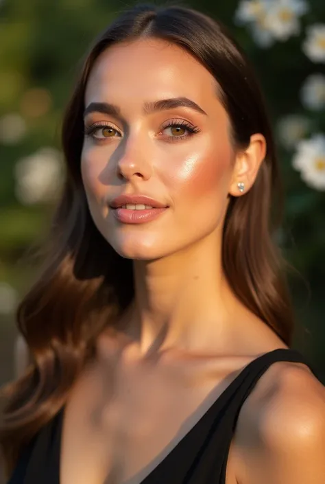 light but sexy makeup with lipstick that leaves the mouth with a natural color and with a natural blush for a wedding during the day and to combine with a black dress 