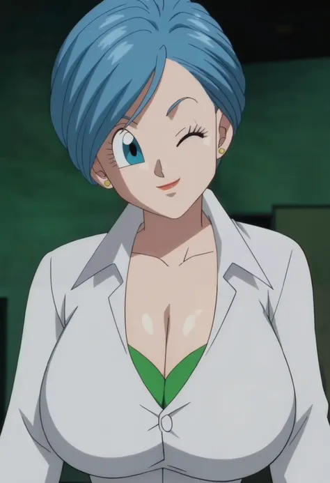 source_anime, score_9, score_8_up, score_7_up, anime screencap,8k, absurd res,
bulma, 1girl, solo, looking at viewer, smile, short hair, blue eyes, jewelry, closed mouth, blue hair, collarbone, green shirt, upper body, big breasts, cleavage, huge breasts,...