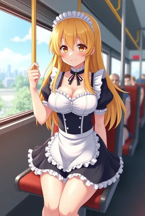 Japanese, white, in sexy maid outfit,  big breast ,  big ass, blonde, with a white, sticky liquid, cumshot, all honeydew, toda cumshot [Animation] [In the seat of a bus]  on top of a man 