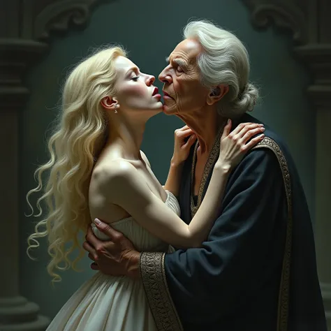 Blonde white-skinned goddesss long thin throat is being squeezed by old woman 