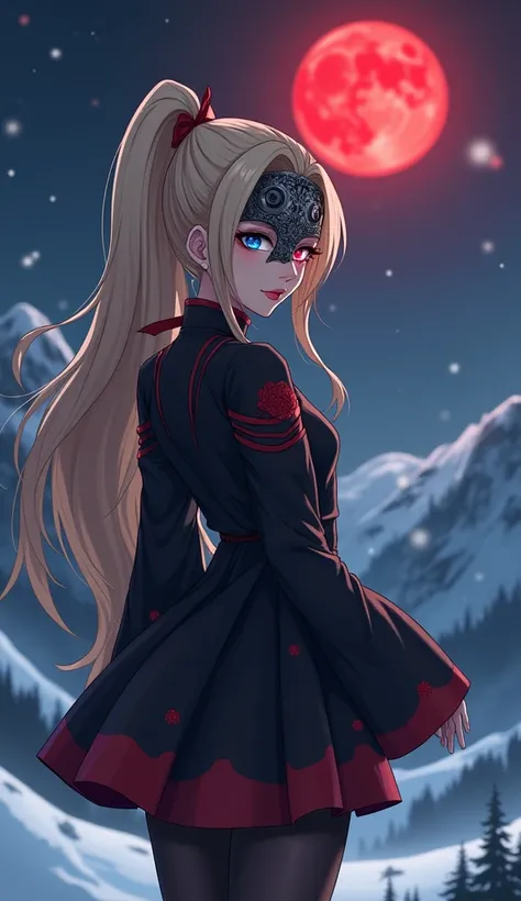   woman between 30-35 years old,  long blond hair, ponytail , strong body,  evil smile , short black Chinese dress with sleeves with red details with a black pantyhose covering the entire leg. snowy mountain at night, red moon in the sky  [[[  high quality...