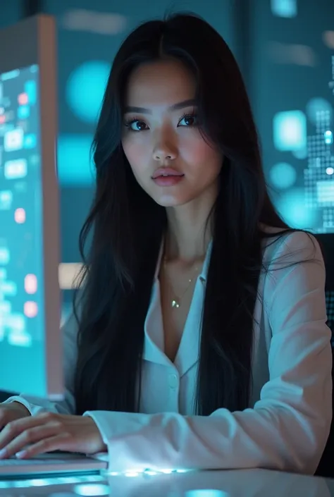  best quality , portrait, image from afar,  a beautiful woman ,  long straight black hair ,  dark brown eyes,  round face,  long and striking lashes ,  entrepreneur on the computer ,  with digital holograms popping up around her. Futuristic and feminine to...