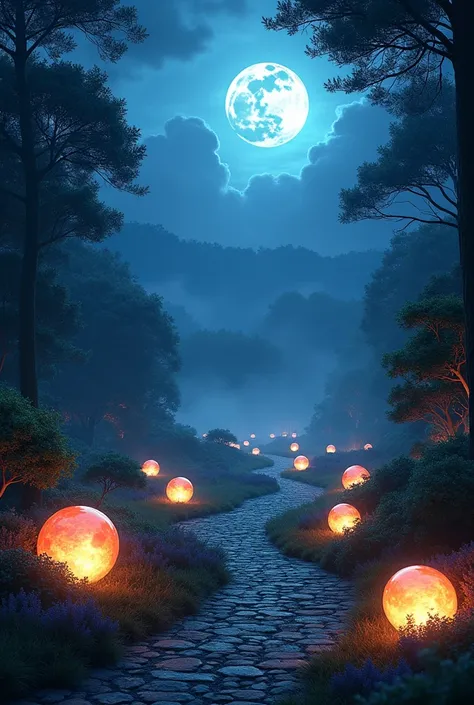 a country governed by darkness ,  has a garden with several small colored spheres of light while watching the moon high above the kingdom