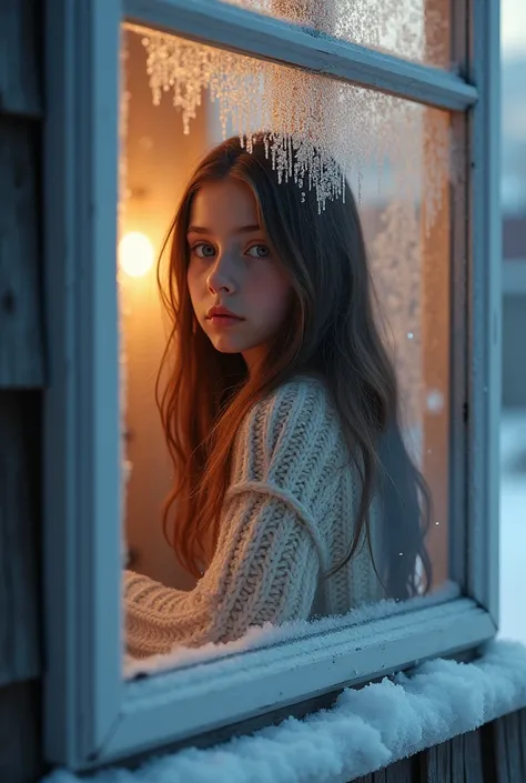 Northern Europe,
a photo of the inside of a house from the outside,
a girl standing through glass,
wearing a sweater,
brown hair, long hair, look at viewer, 
the glass is covered in frost so only half of it is visible,
a gradation of frost,
its very cold o...